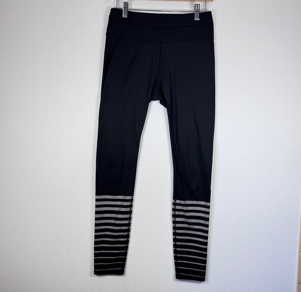 Athleta Leggings Zip Pocket Womens Small Black Silver Stripe Running Yoga